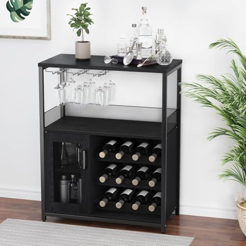 Salutmeuble Armoire de Bar à Vin à 3 Niveaux, avec Casier à Vin Amovible et Espace de Rangement, Armoire de Buffet avec Porte en Verre et Porte en Filet, pour la...