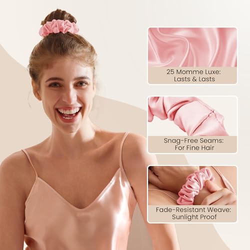 Image of THXSILK 100% Mulberry Silk Chunky Scrunchies 3-Pack, 25 Momme Mulberry Silk Hair Ties for Women, Thick Voluminous No Damage Hair Ties, Ponytail Holders for All Hair Types, Pink