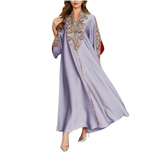 Muslim Abaya Dresses for Women V Neck Kaftan Islamic Prayer Robe Embroidered Bronzing Dress Holiday Evening Dress