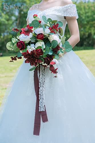 Bencentre 14" Burgundy Wedding Bouquet Fabric Austin Rose Mix Artificial Flowers, Bridal Bouquet For Wedding Ceremony Anniversary, Bridal Shower, Party And French Rustic Vintage Wedding #TOP3