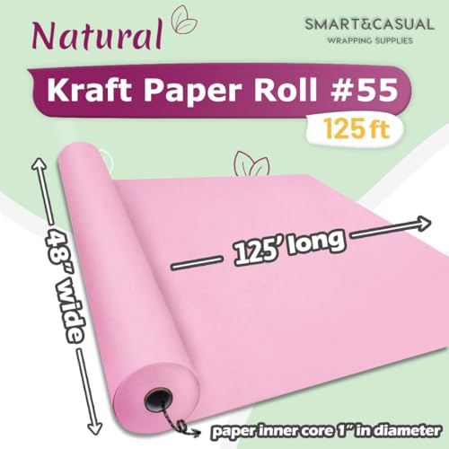 Image of SMART&CASUAL 48 inch x 1,500 inch (125') Light Pink Kraft Craft Paper Roll for Gift Wrapping Bulletin Board Bouquet Flower Art Packing Parcel Table Covering 80GSM 55LB (Light Pink, 48 inch x 125')