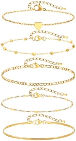 KSF Gold Anklets for Women Waterproof - 18k Gold Plated Ankle Bracelets for Women, 5PCS Anklet Set Cuban Herringbone Figaro Link Chain Anklets for Women Summer Beach Jewelry Gift Adjustable Size