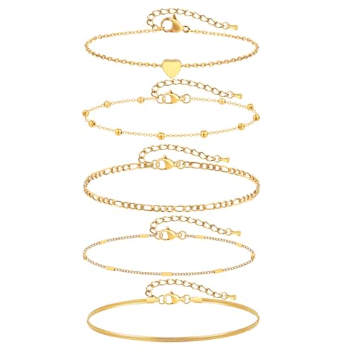 Image of KSF Gold Anklets for Women Waterproof - 18k Gold Plated Ankle Bracelets for Women, 5PCS Anklet Set Cuban Herringbone Figaro Link Chain Anklets for Women Summer Beach Jewelry Gift Adjustable Size