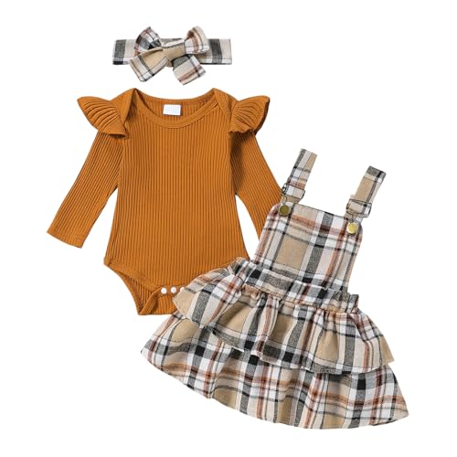 Baby Girl Plaid Overall Skirt Newborn fall Outfits winter clothes 0-3 months brown long sleeve Romper Bodysuit headband