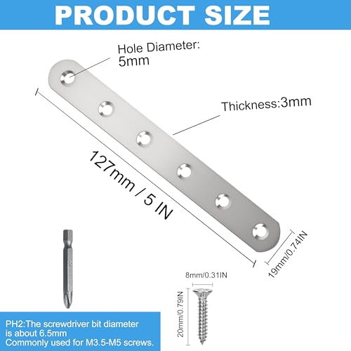Image of 16 Pack Straight Brace,Flat Brace 5 inch x 0.75 inch,Stainless Steel Flat Metal Braces,Repair Bracket with Screws