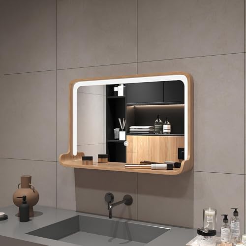 Square Bathroom Vanity Mirror with Shelf, Dimmable LED Lighted Rectangle Mirrors, Wall-Mounted Makeup Mirror Above Sink with Wooden Frame(Natural,60 * 40cm)