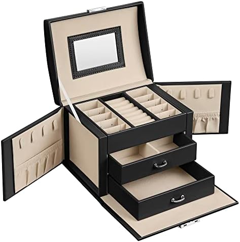 SONGMICS 3-Tier Jewellery Box, Travel Jewellery Case with Handle, 2 Drawers, Lockable Jewellery Organiser with Mirror, Jewellery Storage, Modern Style, Gift for Loved Ones, Black JBC154B01
