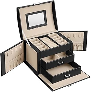 SONGMICS 3-Tier Jewellery Box, Travel Jewellery Case with Handle, 2 Drawers, Lockable Jewellery Organiser with Mirror, Jewellery Storage, Modern Style, Gift for Loved Ones, Black JBC154B01