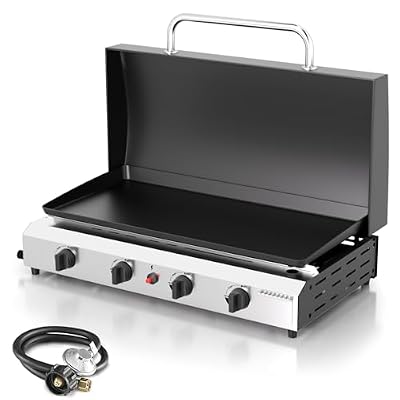 ADREAK 4 Burner BBQ Gas Griddle with Hood, 30 Inch Stainless Steel Portable Detachable Propane Griddle, 60,000 BTU Flat Top Barbecue Grill with Lid for Camping