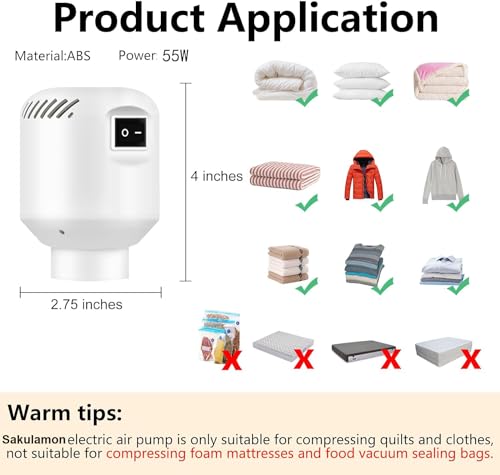 Sakulamon Electric Pump For Vacuum Storage Bags, 55W 4200 Pa Space Saver Vacuum Storage Bag Pump For Compression Clothing, Portable Vacuum Pump For Various Vacuum Sealer Bag  thumb #3