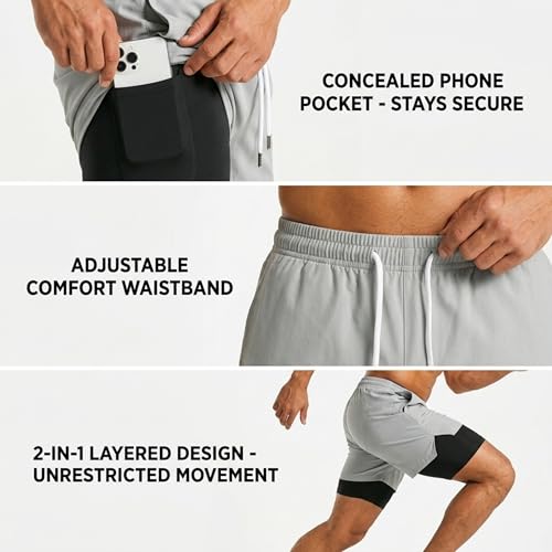 Image of BOLDSHARK Men's 2 in 1 Active Dual Shorts with Inner Tights Layer | Double Layer Short for Running, Gym & Sports