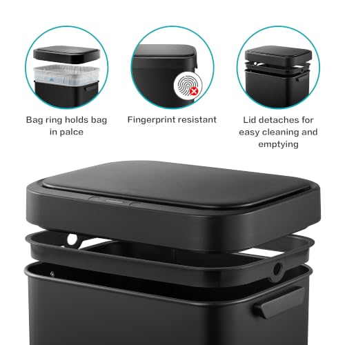 Image of 13 Gallon Trash Can, Touchless Stainless Steel Kitchen Bin (Black) | Automatic Motion Sensor Lid | 50L Fits 13 Gal Tall Kitchen Bags | Anti-Fingerprint Brushed Finish | For Home Office