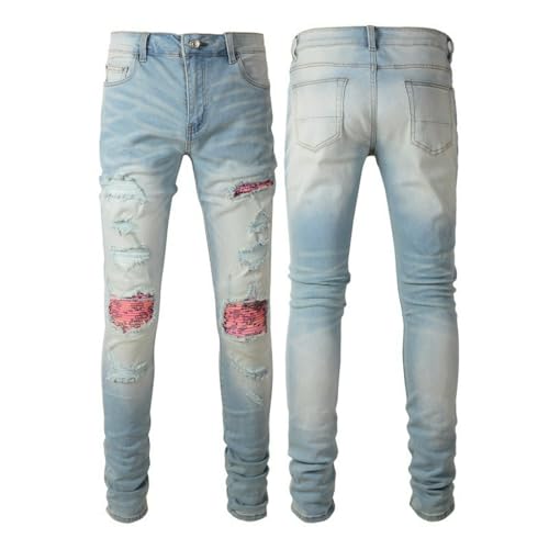 Jeans Pants Trouser Denim Men Street Trendy Light Blue Personalized Punch Washed Grinding Fading Ripped Hole Patch Slimming Casual(Light Blue,32)4