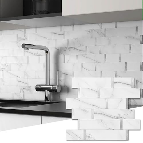VAOVI Matte Marble Subway Tile Peel and Stick Backsplash for Kitchen Heat Resistant Bathroom Vanity Shower Waterproof(Silver White 10 Sheets)