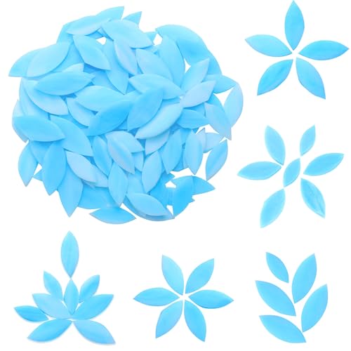 Yoption 100 Pieces Petal Mosaic Tiles, Hand-Cut Stained Glass Flower Leaves Tiles for Art Craft and Home Decorations (Light Blue)
