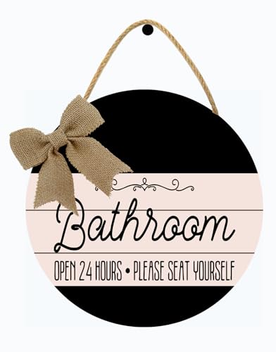 Bathroom Decor Wall Sign 12 * 12 Inch - Farmhouse Rustic Wooden Wreath Hanger | "Bathroom Open 24 Hours Please Seat Yourself"