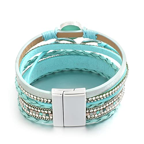Hotoo Leather Wrap Bracelet For Women Teal Beaded Cuff Bracelet With Heart-Shape Decor Bohemian Crystal Bracelet Jewelry With Clasp Bangle Bracelet For Women Girls Birthday Holiday Gift #TOP3