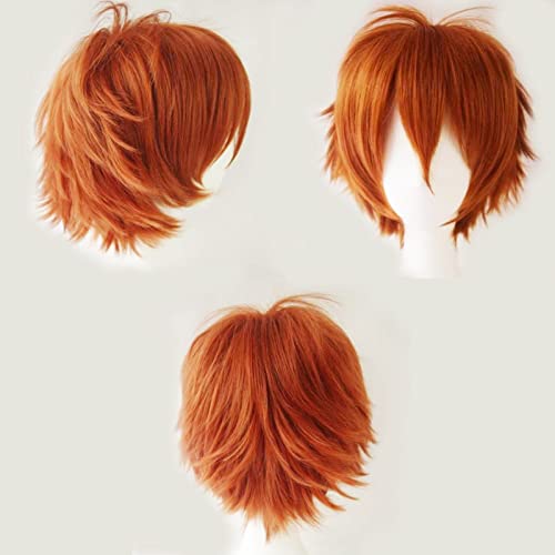 Cybelleza Perruque Femme Court Perruque Orange Rouge Perruque Homme Naturelle Anime Cosplay Wig 30cm Unisexe Duveteux Party Halloween Perruque Carnival Costume