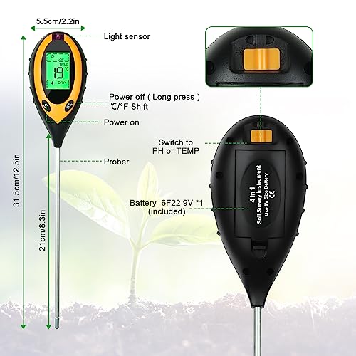 Flintronic 4 in 1 Bodentester, Boden-pH-Meter, für Bodenfeuchtigkeit/pH-Tester/Sonnenlicht/Licht, Feuchtigkeitsmesser, für Pflanzenerde, Garten, Bauernhof, Rasen, Gemüsegarten, Oval