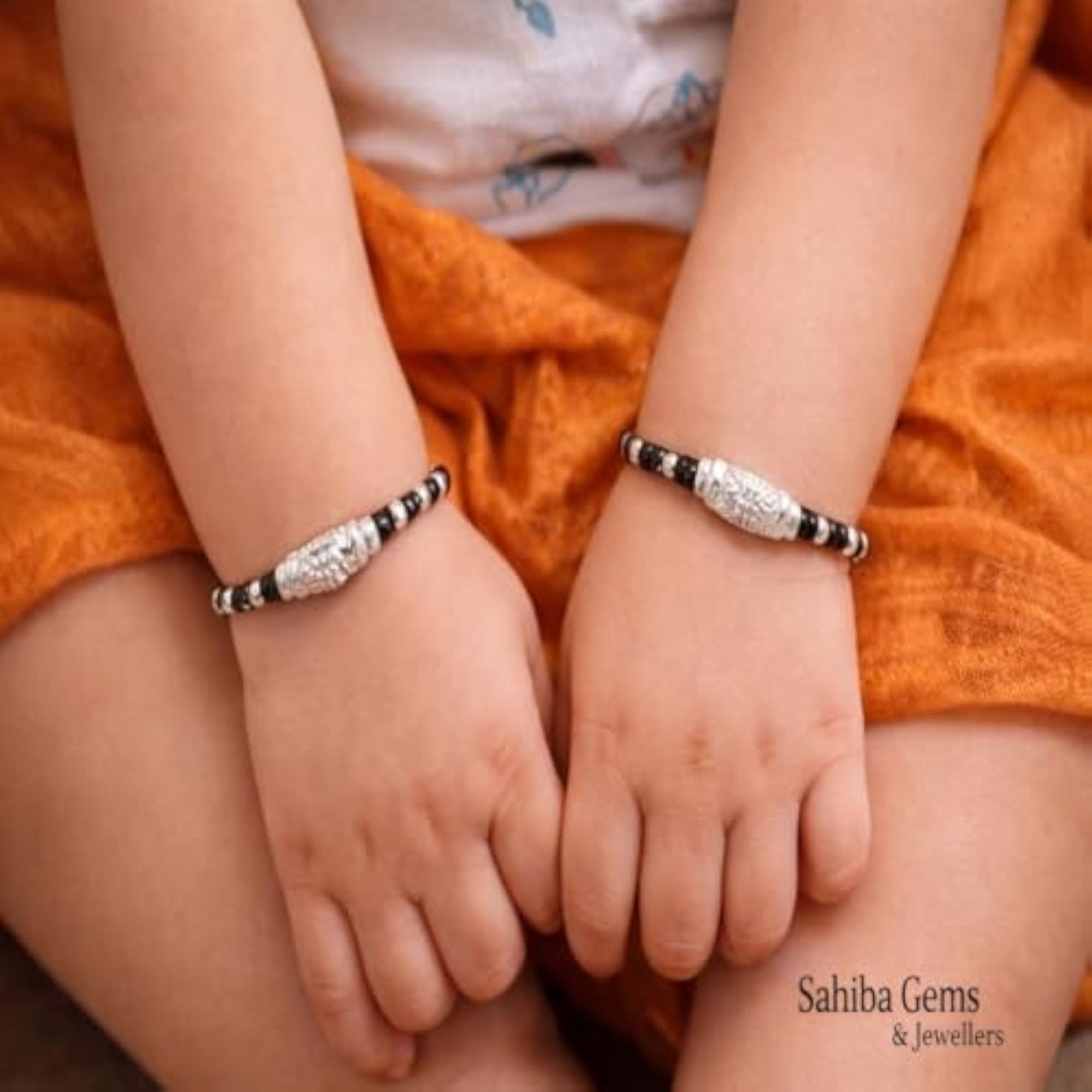 925 Silver Black Beads Kada Bangle Nazariya Bracelet for Babies