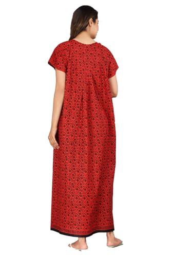 Image of Kuruti B Sheets Cotton Nighty for Women Jaipuri Print 2 Button Round Neck Short Sleeve Night Gown | Maxi Dress