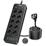 NVEESHOX Regletas Enchufes (4000W/16A) de 10 Tomas con 4 USB Puertos (3USB A+1 USB C), Regleta Enchufes Protección Sobretension, Regleta USB con Cable de Extensión de 2m para hogar, Oficina