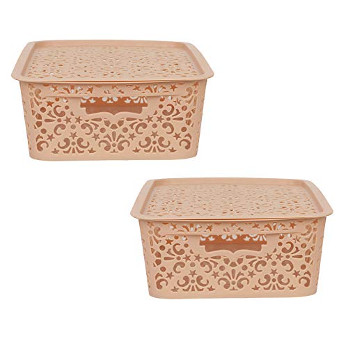 Image of Cutting Edge Essentials Plastic Storage Baskets /Shelf /Turkish Rack with Lid - Set of 2 for Fruit Vegetable Bathroom Stationary Home Basket with Handle (Beige, Medium)