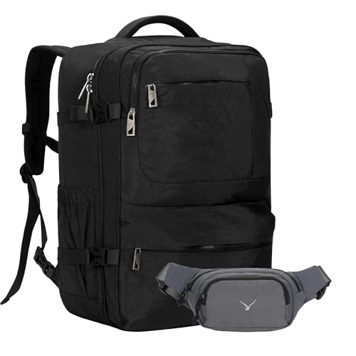 Hynes Eagle 44L Carry on Backpack Airline Approved Travel Backpack for Men Women Large Laptop Backpack 17 inch Nylon Backpack Overnight Weekender Bag Black with Waist Pack Grey