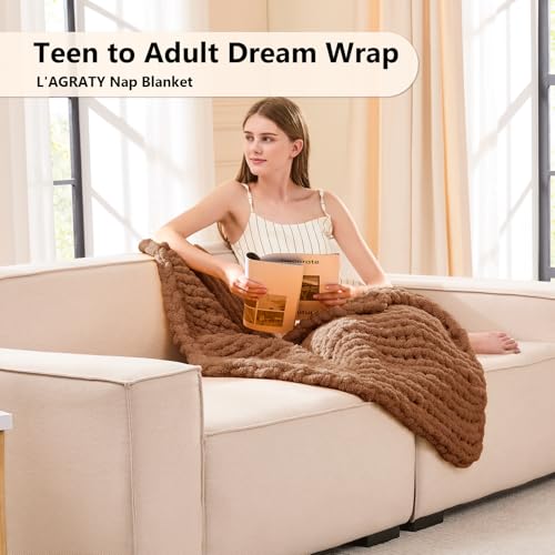 Image of L'AGRATY Chunky Knit Throw Blanket for Couch, 30'' x 40'' Knit Throw, Brown
