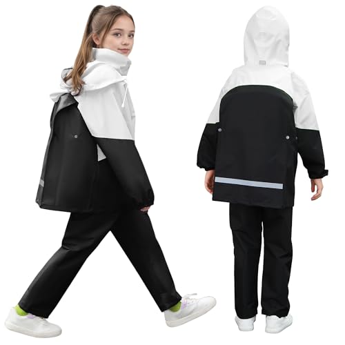 FILOWA Regenanzug Kinder Wasserdicht Regenjacke und Hose Atmungsaktiv Kapuze Matschanzug mit Reißverschluss Regenset Zweiteiliger Camping Regendichte Regenkleidung für Mädchen 8-9 Jahre, Schwarz