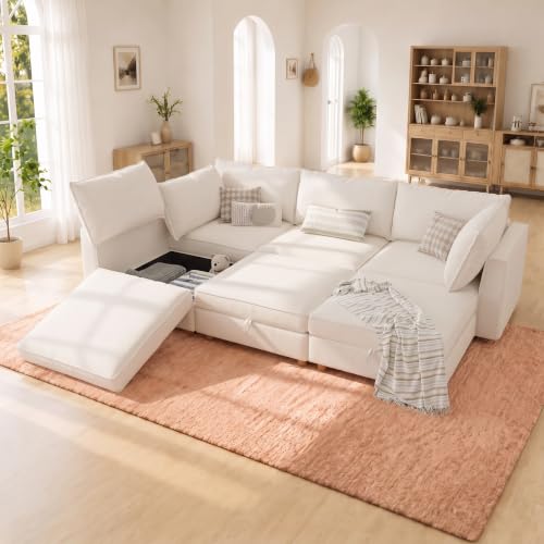Image of 99 inch Chenille Modular Sofa Bed with Washable Covers & Storage, 6-Seater Modular Sectional Sleeper Sofa Bed with Movable Ottoman Chaise, Convertible Sleeper Sectional Couches for Living Room, Beige