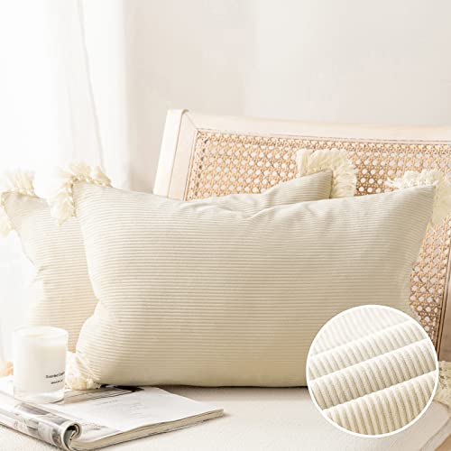 Phantoscope 2 Stück Cord-Kissenbezüge, dekorative gestreifte Samt-Wurfkissen mit Baumwollquasten, weiche Kissenbezüge, Kissenbezüge, gebrochenes Weiß, 30,5 x 50,8 cm Cover