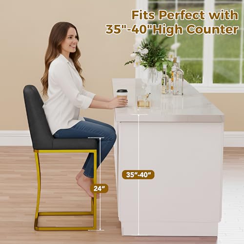 Image of LSSBOUGHT Counter Height Bar Stools Set of 2, Gray Counter Stools with Back and Gold Metal Frame,Modern Barstools with Footrest, Upholstered Pu Bar Chairs for Kitchen Island(2pcs,Dark Gray)