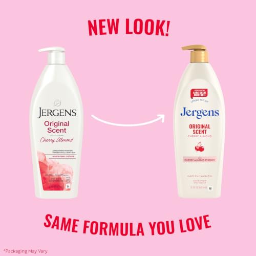 Image of Jergens Original Scent Dry Skin Body Lotion, Hand and Body Moisturizer, Cherry Almond Essence, Dermatologist Tested, 21 Oz, Pack of 3 | Fast-Absorbing Moisturizer, Vitamins E, C & B5, Softens Dry Skin, Dermatologist Tested, Cherry Almond Scent