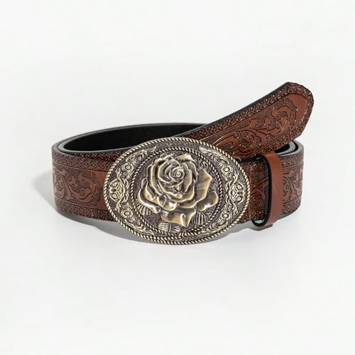 Cintura da donna marrone con fibbia in metallo incisa in stile occidentale vintage, con motivo a drago, idea regalo, Marrone, 122 cm