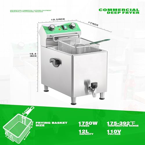 NUPANT Deep Fryer with Basket and Lid Commercial Fryers with Oil Filtration and Timer 12L/12.7QT Electric Countertop Fryer Stainless Steel Single Tank Fryer for Home and Reastaurant Use 110V 1750W