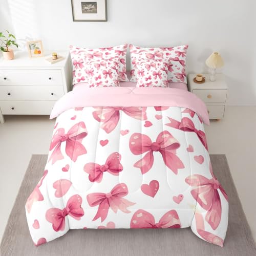 Image of Pink Bow King Size Comforter Set with Sheets | Watercolor Bow 7 Piece Bedding Set Dreamy Princess Bowknot Bed in a Bag, Cute Love Hearts Room Decor,Light Pink Room Decor Aesthetic