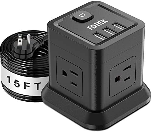 15FT Extension Cord Power Strip, FDTEK 4 Widely Spaced Outlet with 3 USB Flat Plug Power Strips with Long Extension Cords Space Save Compact Portable Power Station for Travel Home Office Cruise