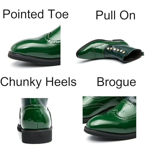 Mens Patent Leather High-Top Pull On Brogue Ankle Boots Pointed Toe Chunky Heels Non-Slip Casual Shoes for Business Casual Dress Prom Party2
