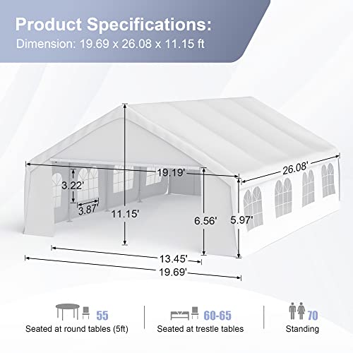 Morngardo Canopy Tent For Parties Heavy Duty 20'X26' Car Tent Metal Carport Portable Garage With Removable Sidewalls, White #TOP1