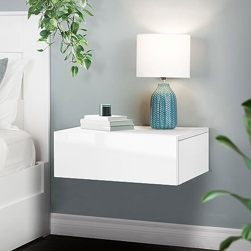 ML-Design Mesita de Noche Colgante con 1 Cajón 46x30x15 cm Mesilla Color Blanco Brillante Mueble sin Tiradores Escritorio de Pared Cajonera Flotante Estante de Dormitorio con Espacio de Almacenamiento