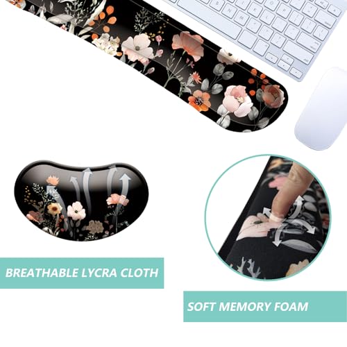 Keyboard Wrist Rest Mouse Wrist Support Set, Memory Foam Wrist Rest Pad for Computer Laptop Keyboard Mouse, Ergonomic Wrist Cushion Support for Typing Pain Relief, Gaming Home Office, Flower Black