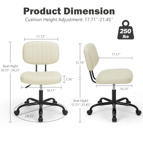 Image of DUMOS Small Armless Home Desk Executive Chair with Low Back Lumbar Support, Height Adjustable PU Leather Computer Office Chair with 360 Swivel Wheels for Kids and Adults, Beige