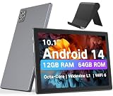 FIEKVE Tablets, 10.1 Inch Android 14 Tablet for Adults, Octa-Core, 12GB RAM 64GB Storage(2TB Expand), Octa-Core, WiFi 6, Bluetooth 5.0, Large Touch Screen Tablet for Work, Study & Entertainment