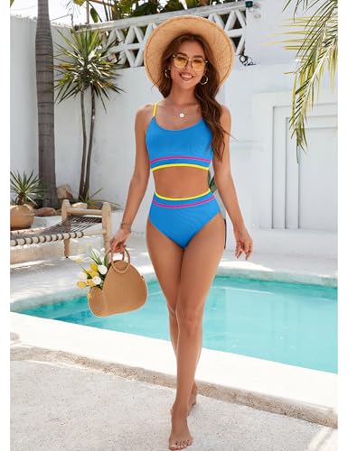 Image of BMJL Women's High Waisted Bikini Ribbed Two Piece Swimsuit High Cut Color Block Adjustable Straps Bathing Suit