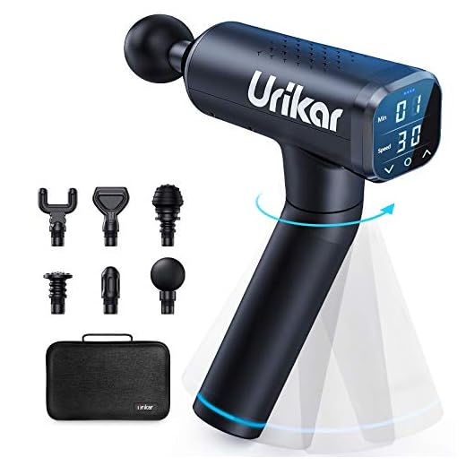 Urikar Pistolet de Massage, Masseur Portable Musculaire des Tissus Profonds avec Poignée Antidérapante Rotative à 180 °, 30 Vitesses, 6 Têtes de Massage et Chronométrie pour Soulager La Douleur