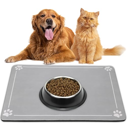 Napfunterlage Hund Silikon rutschfeste Unterlage Hundenapf und Katzennapf wasserdichte Futtermatte für Hunde und Katzen Waschbare Hundenapf Unterlage 40×60cm Grau