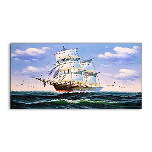 Tableau acrylique oiseaux mer navire 100x50 cm décoration murale salon