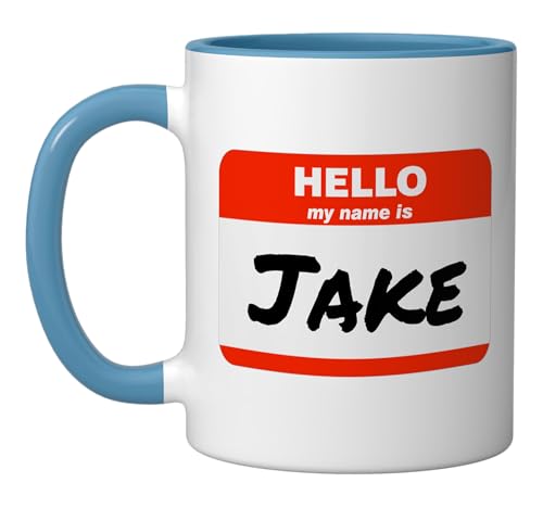 Jake Name Tag Sticker Work Office Hello My Name Is Jake Ceramic Mug, Blue/White