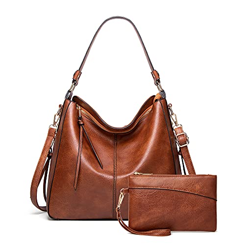 Bolsa feminina de couro PU Boston de ombro, bolsa mensageiro casual fashion (Marrom claro + carteira